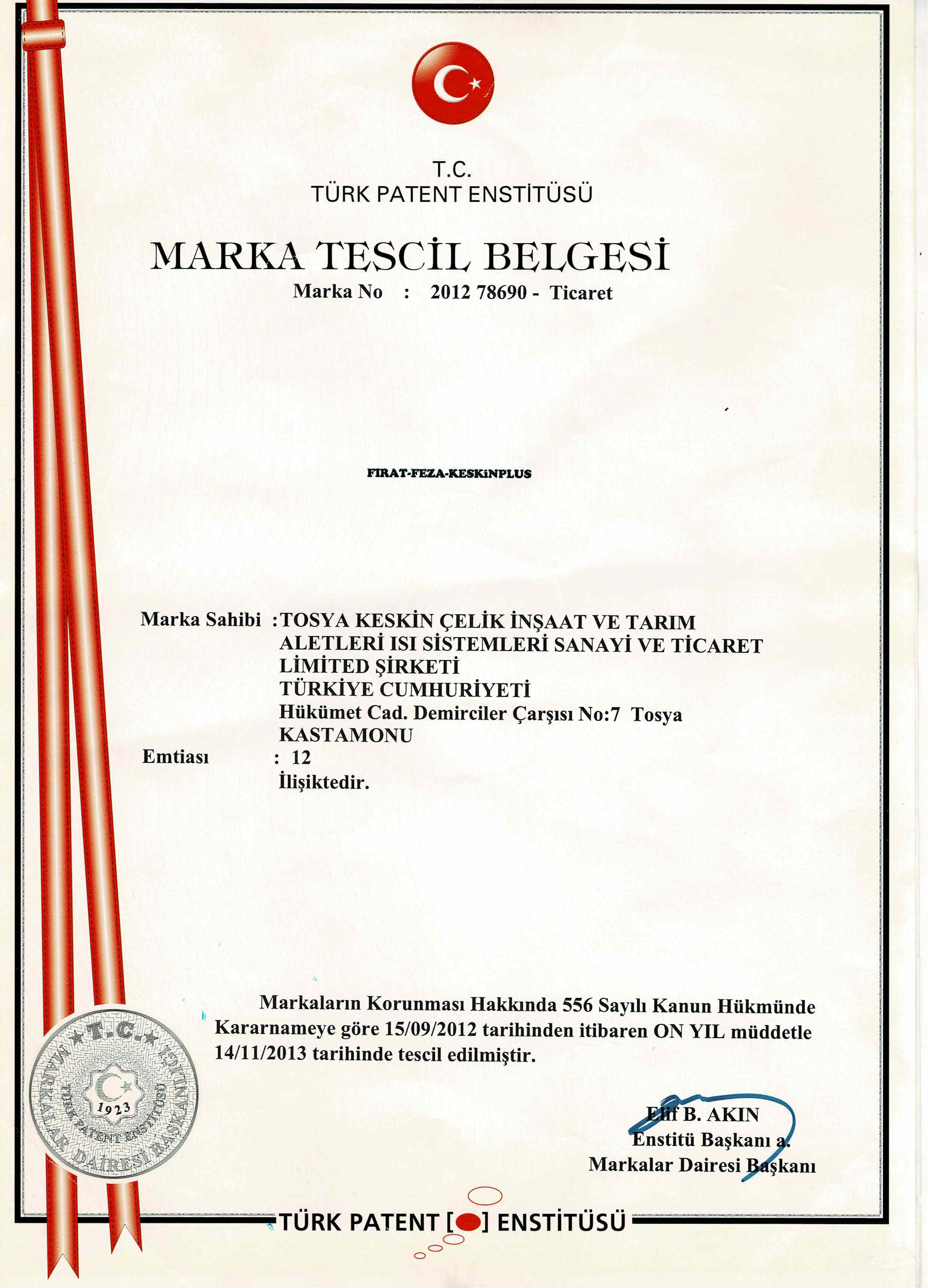 شهادة تسجيل العلامة التجارية FIRAT-FEZA-KESKIN PLUS